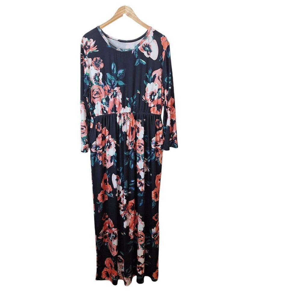 Unbranded Womens 4XL Maxi Dress Pullover Black Floral Elastic Waist Pockets Knit
